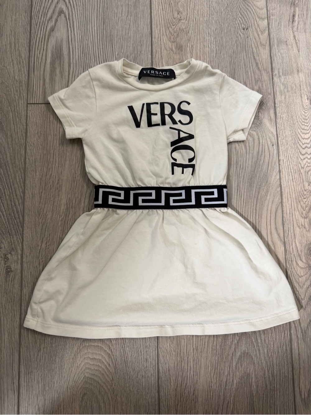 Versace Cream and Black Logo Cotton Girls' Dress with Geometric Waistband